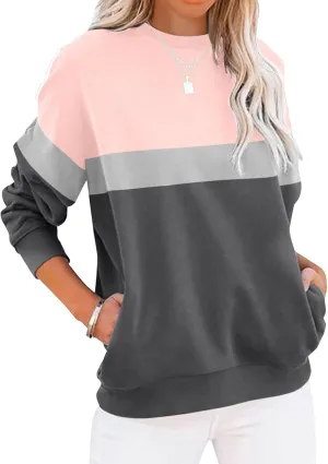 Crewneck Sweatshirts Women Color Block Long Sleeve Pullover Sweaters Lightweight Loose Tops with Pocket