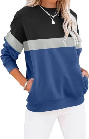 Crewneck Sweatshirts Women Color Block Long Sleeve Pullover Sweaters Lightweight Loose Tops with Pocket