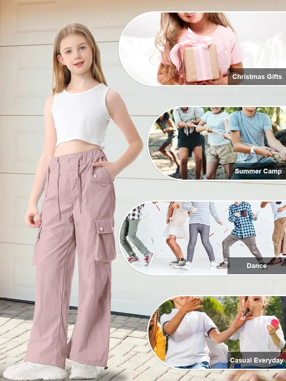Cromoncent Girls & Womens High Waist Parachute Pants Y2K Waterproof Cargo Trousers with Pockets 6 Years-Women 3XL