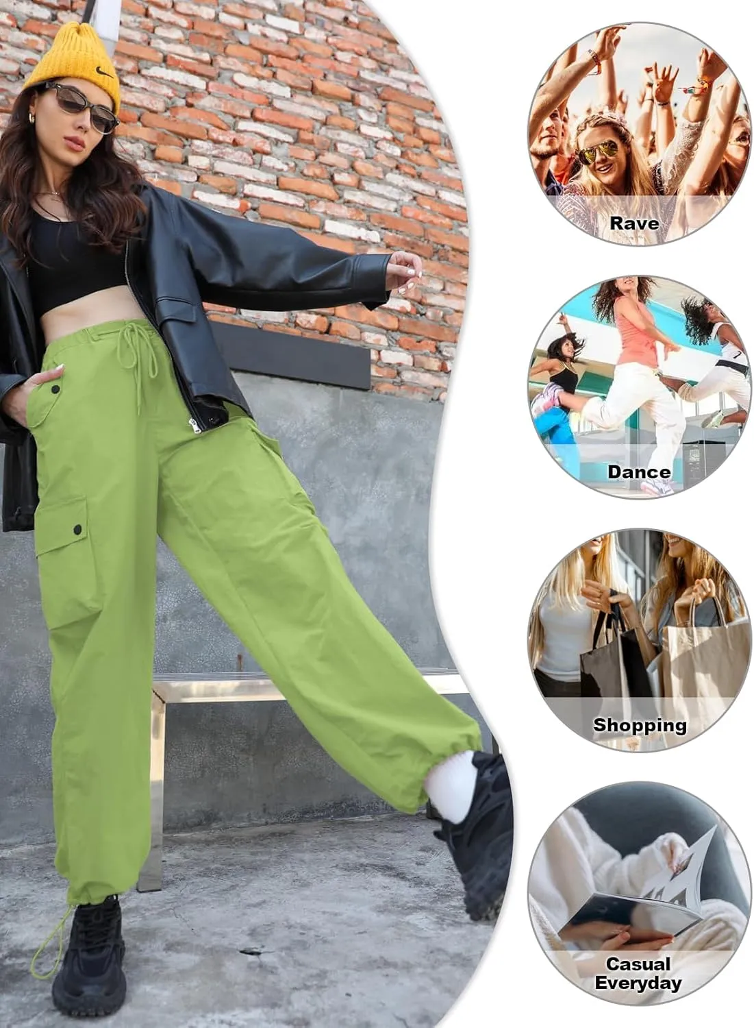 Cromoncent Girls & Womens High Waist Parachute Pants Y2K Waterproof Cargo Trousers with Pockets 6 Years-Women 3XL