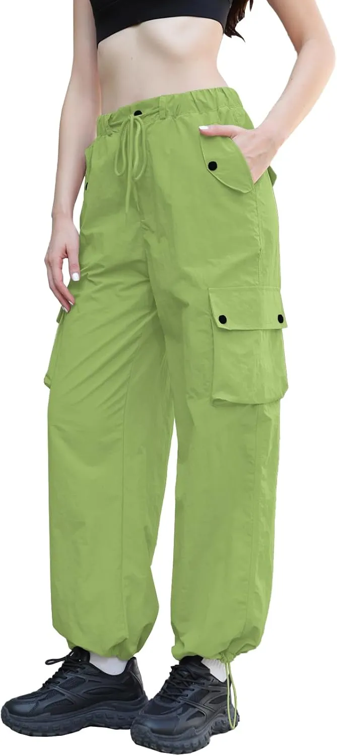 Cromoncent Girls & Womens High Waist Parachute Pants Y2K Waterproof Cargo Trousers with Pockets 6 Years-Women 3XL