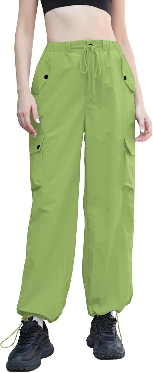 Cromoncent Girls & Womens High Waist Parachute Pants Y2K Waterproof Cargo Trousers with Pockets 6 Years-Women 3XL