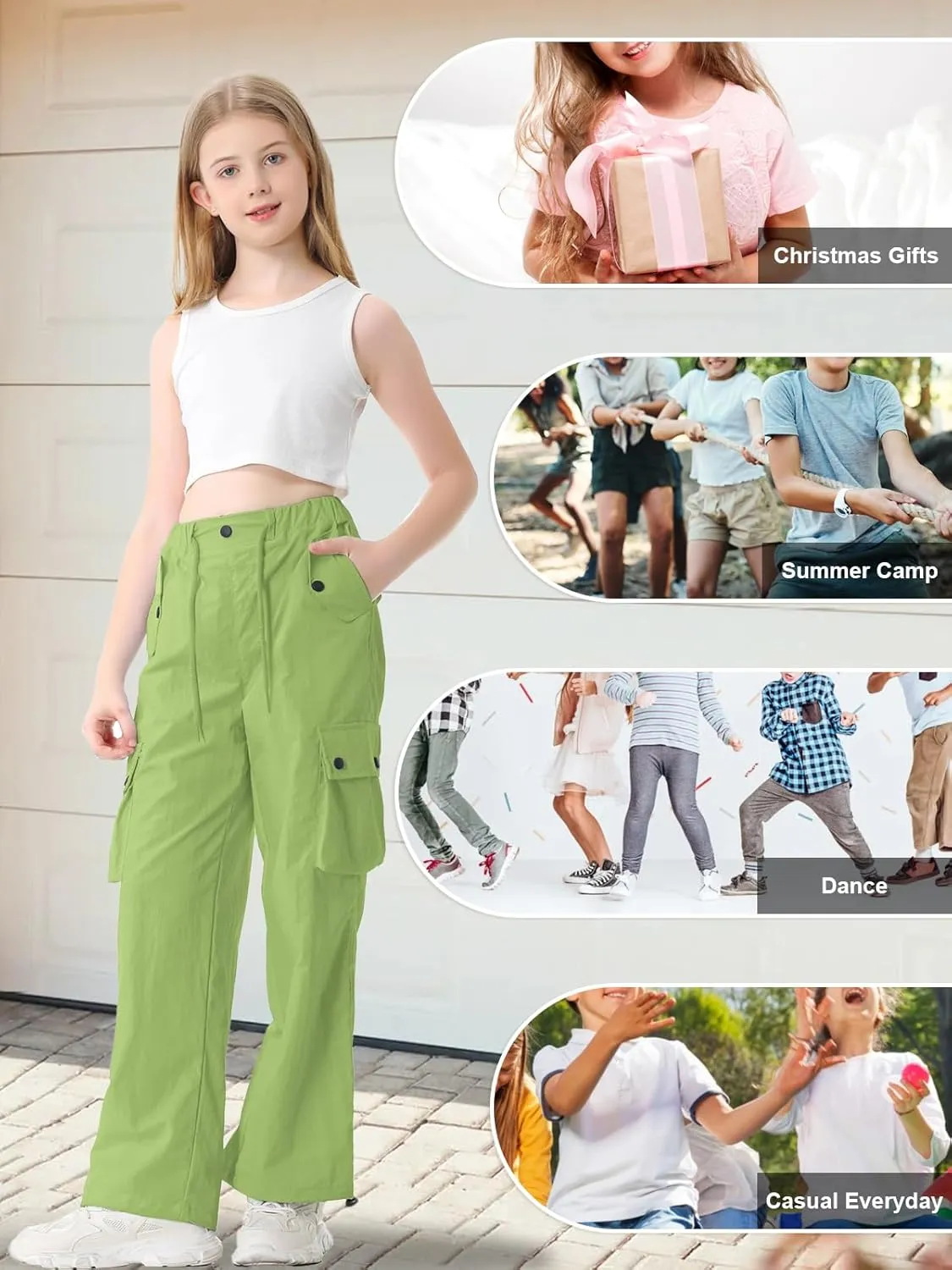Cromoncent Girls & Womens High Waist Parachute Pants Y2K Waterproof Cargo Trousers with Pockets 6 Years-Women 3XL