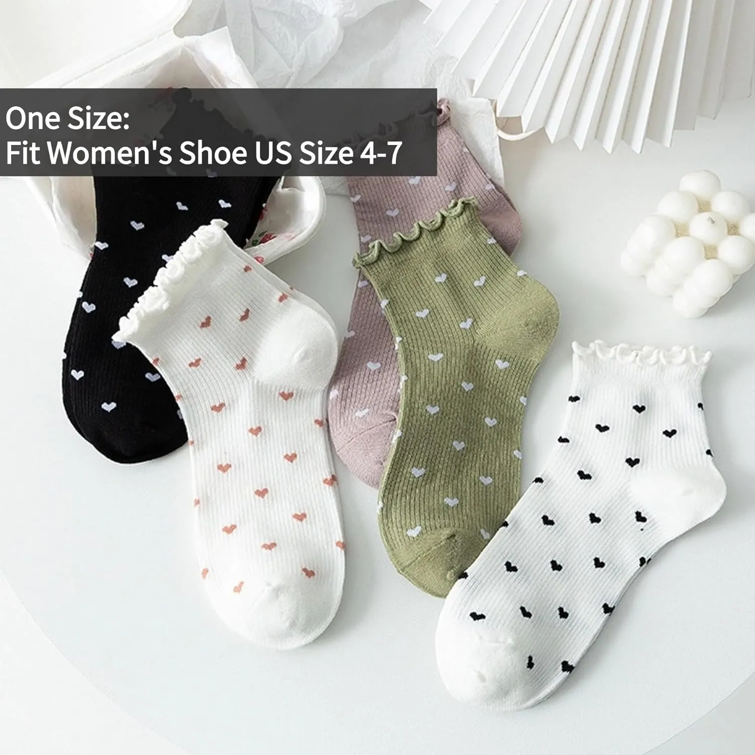Cute Hearts Ruffle Socks for Women Colorful Fun Novelty Fashion Casual Crew Sock
