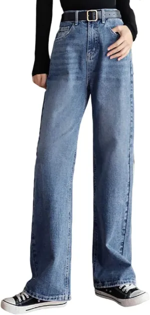 Daily Wear Loose Straight Jeans Girls Classic Relaxed Fit Mid Rise Comfortable Denim Pants Summer (Color : Blue, Size : S-Small)