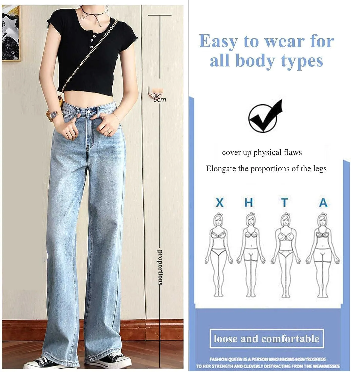 Daily Wear Loose Straight Jeans Girls Classic Relaxed Fit Mid Rise Comfortable Denim Pants Summer (Color : Blue, Size : S-Small)