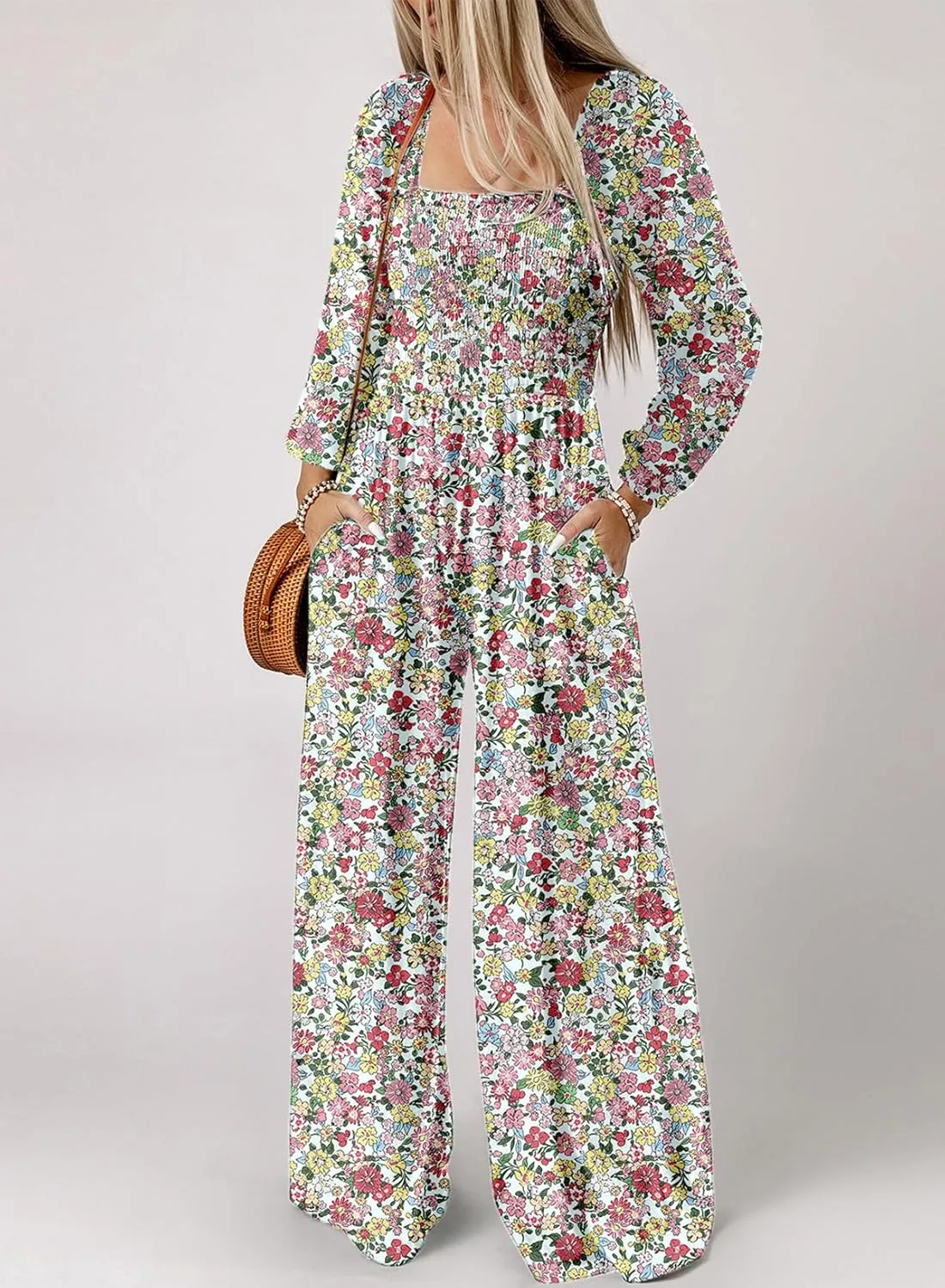 Dokotoo Women's Casual Loose Overalls Jumpsuits One Piece Long Sleeve Printed Wide Leg Long Pant Rompers With Pockets