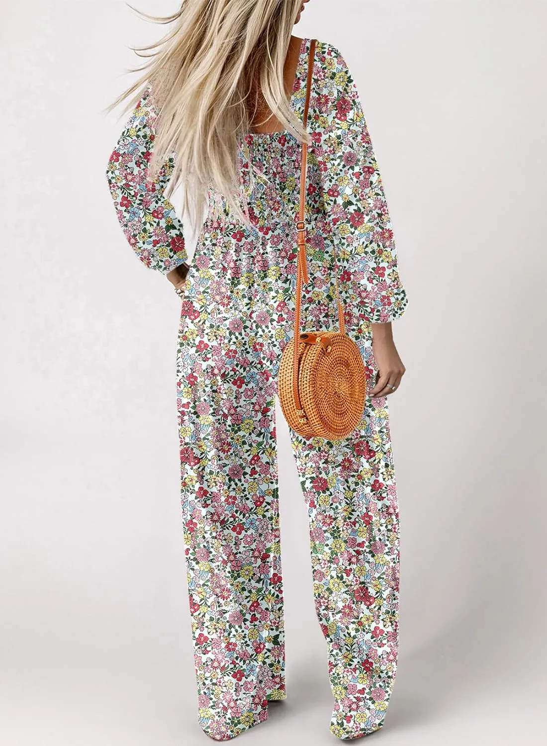 Dokotoo Women's Casual Loose Overalls Jumpsuits One Piece Long Sleeve Printed Wide Leg Long Pant Rompers With Pockets