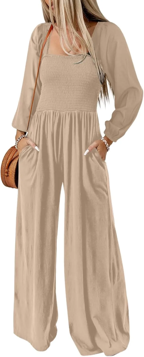 Dokotoo Women's Casual Loose Overalls Jumpsuits One Piece Long Sleeve Wide Leg Long Pant Rompers With Pockets