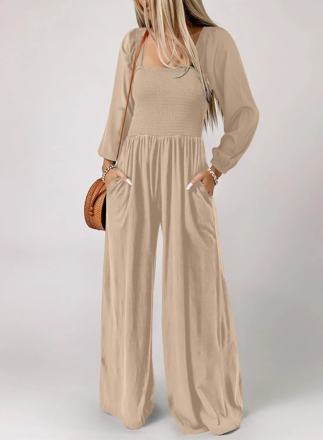 Dokotoo Women's Casual Loose Overalls Jumpsuits One Piece Long Sleeve Wide Leg Long Pant Rompers With Pockets