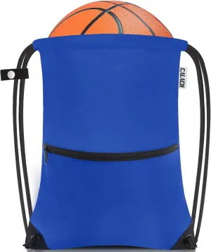 Drawstring Backpack Sports Gym Bag Yoga Travel Sackpack for Women Men Large Size with Zipper Pockets (Bright Royal)
