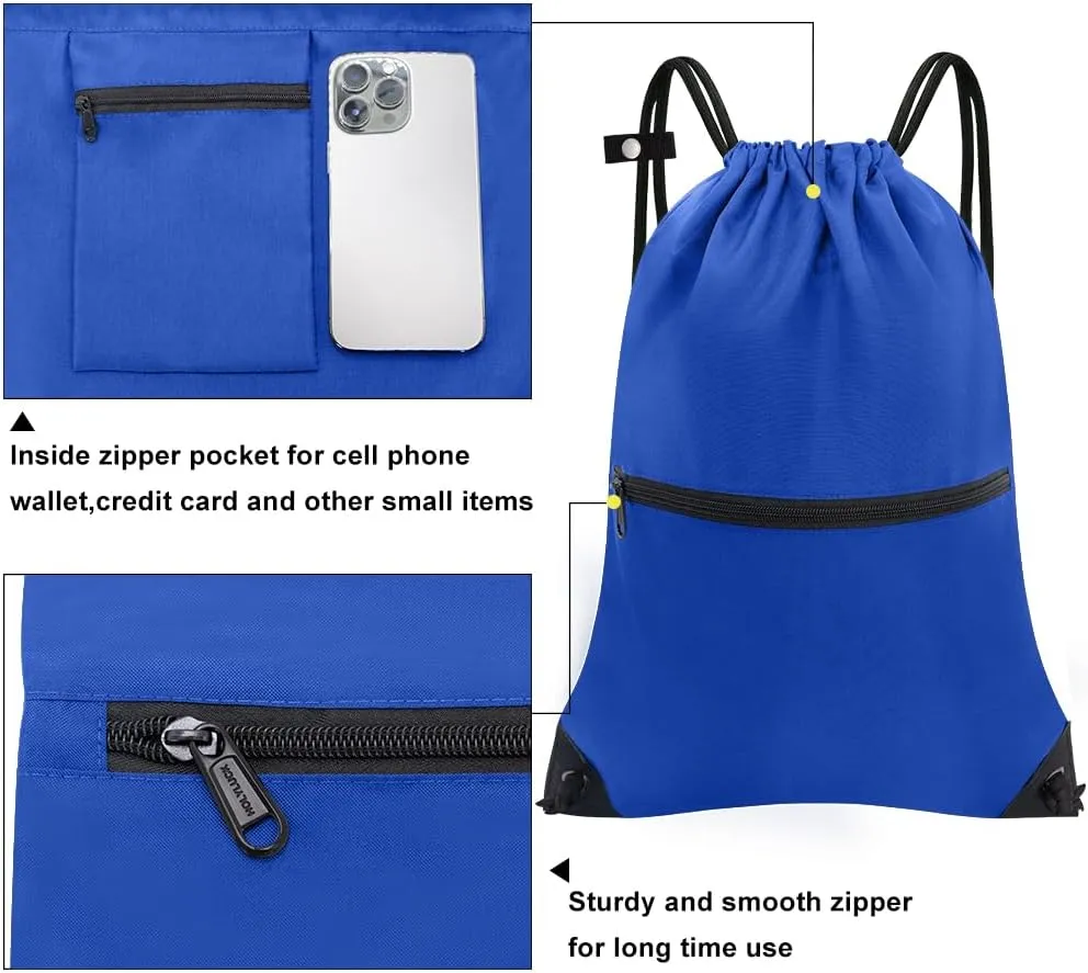 Drawstring Backpack Sports Gym Bag Yoga Travel Sackpack for Women Men Large Size with Zipper Pockets (Bright Royal)