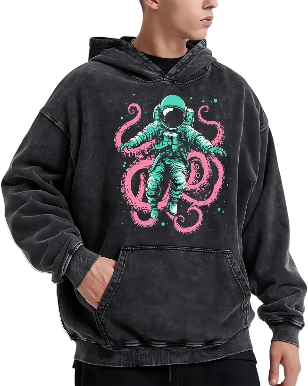 DUODUO Men's Acid Washe Graphic Hoodies Oversized Streetwear Vintage Pullover Top