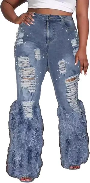 Ecirod Womens Pearl Stretch Skinny Jeans High Waisted Frayed Ripped Hole Feather Fringe Tassels Denim Flare Pants