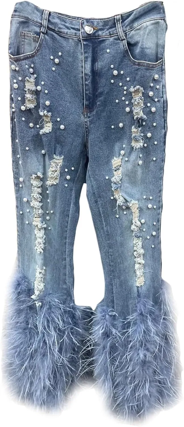Ecirod Womens Pearl Stretch Skinny Jeans High Waisted Frayed Ripped Hole Feather Fringe Tassels Denim Flare Pants