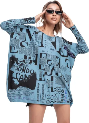 ellazhu Women's Off-Shoulder Long-Sleeved Cute Newspaper Printed Pullover Oversized Sweater Shirt GY2753
