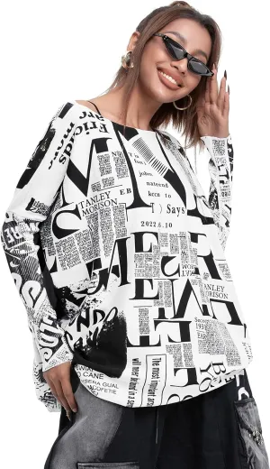 ellazhu Women's Off-Shoulder Long-Sleeved Cute Newspaper Printed Pullover Oversized Sweater Shirt GY2753