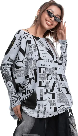 ellazhu Women's Off-Shoulder Long-Sleeved Cute Newspaper Printed Pullover Oversized Sweater Shirt GY2753