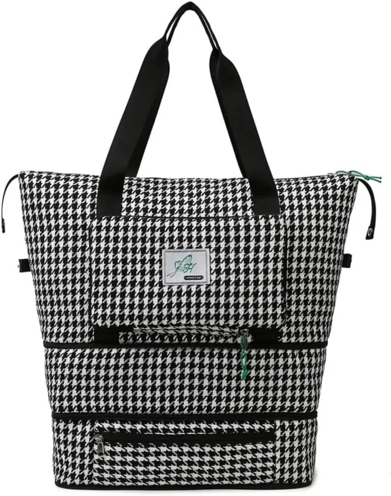 Extendable Travel Duffle Bag Tote Bag Gym Bag for Women Weekender Overnight Houndstooth Duffel Bag (Black)