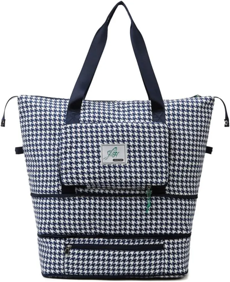 Extendable Travel Duffle Bag Tote Bag Gym Bag for Women Weekender Overnight Houndstooth Duffel Bag (Blue)