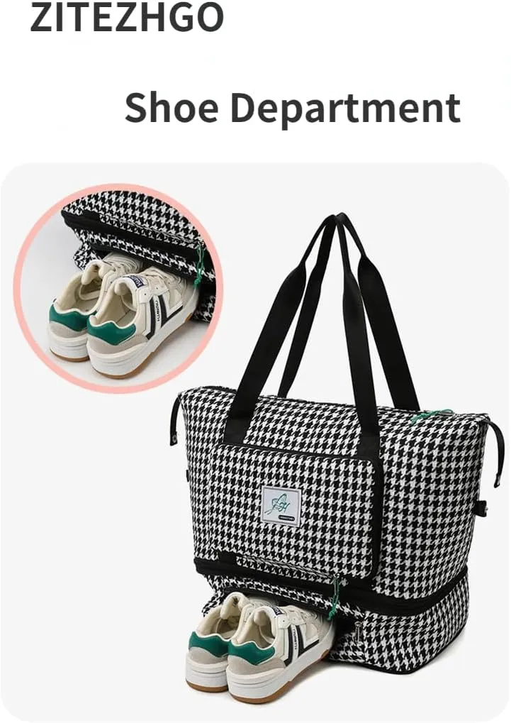 Extendable Travel Duffle Bag Tote Bag Gym Bag for Women Weekender Overnight Houndstooth Duffel Bag (Blue)