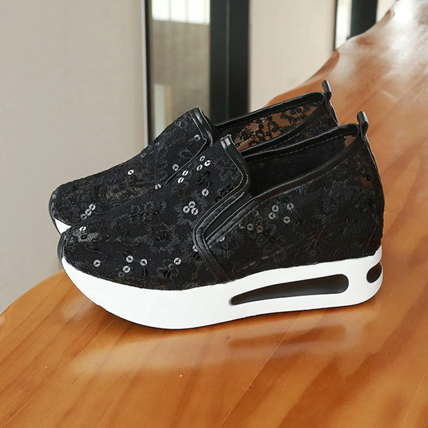 Fashion Platform Sneakers for Women Slip on Loafers Lace Embroidery Ladies Lightweight Arch Support Walking Sneakers Air Cushion Chunky Comfortable Work Shoes for Casual and Daily Wear