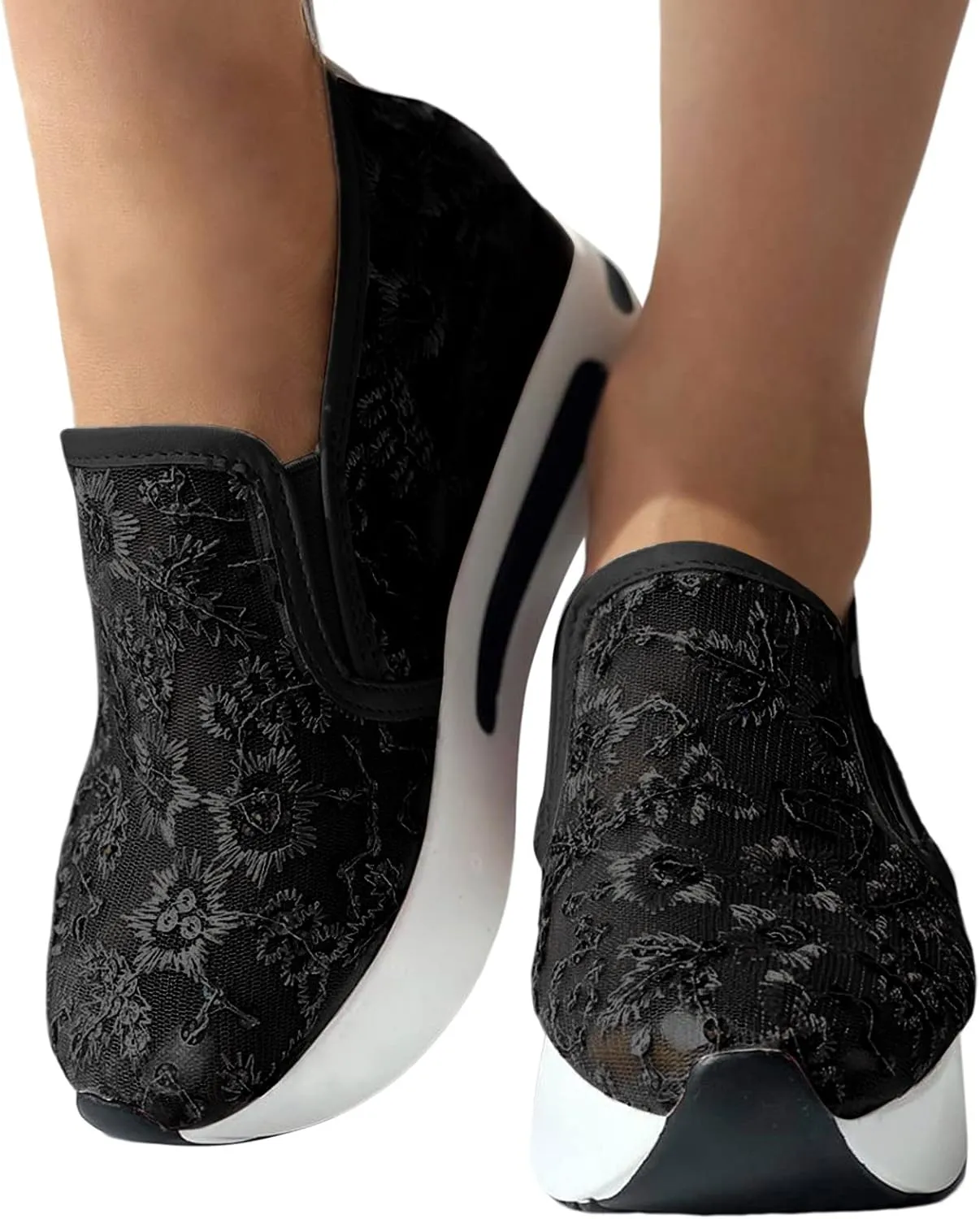 Fashion Platform Sneakers for Women Slip on Loafers Lace Embroidery Ladies Lightweight Arch Support Walking Sneakers Air Cushion Chunky Comfortable Work Shoes for Casual and Daily Wear