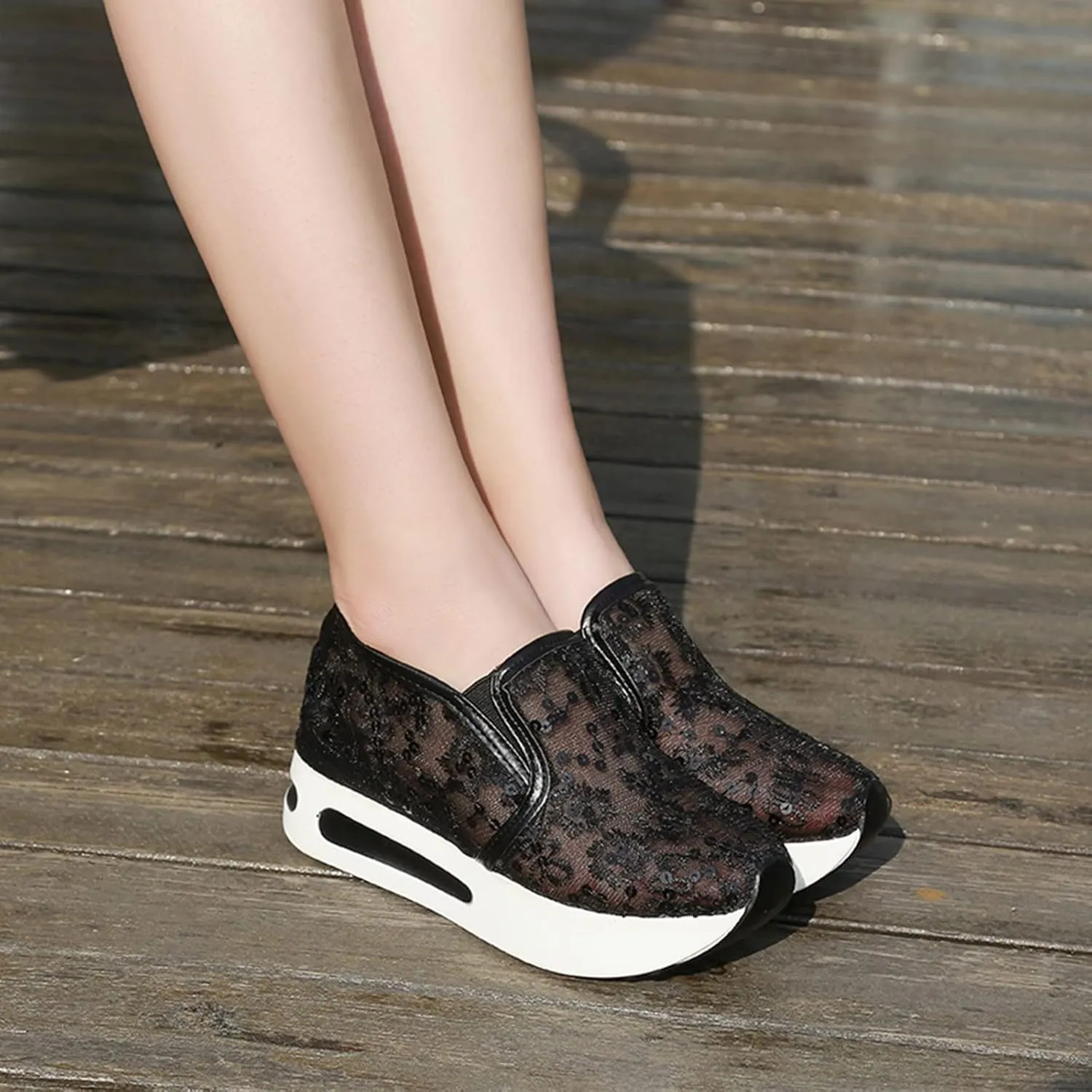 Fashion Platform Sneakers for Women Slip on Loafers Lace Embroidery Ladies Lightweight Arch Support Walking Sneakers Air Cushion Chunky Comfortable Work Shoes for Casual and Daily Wear