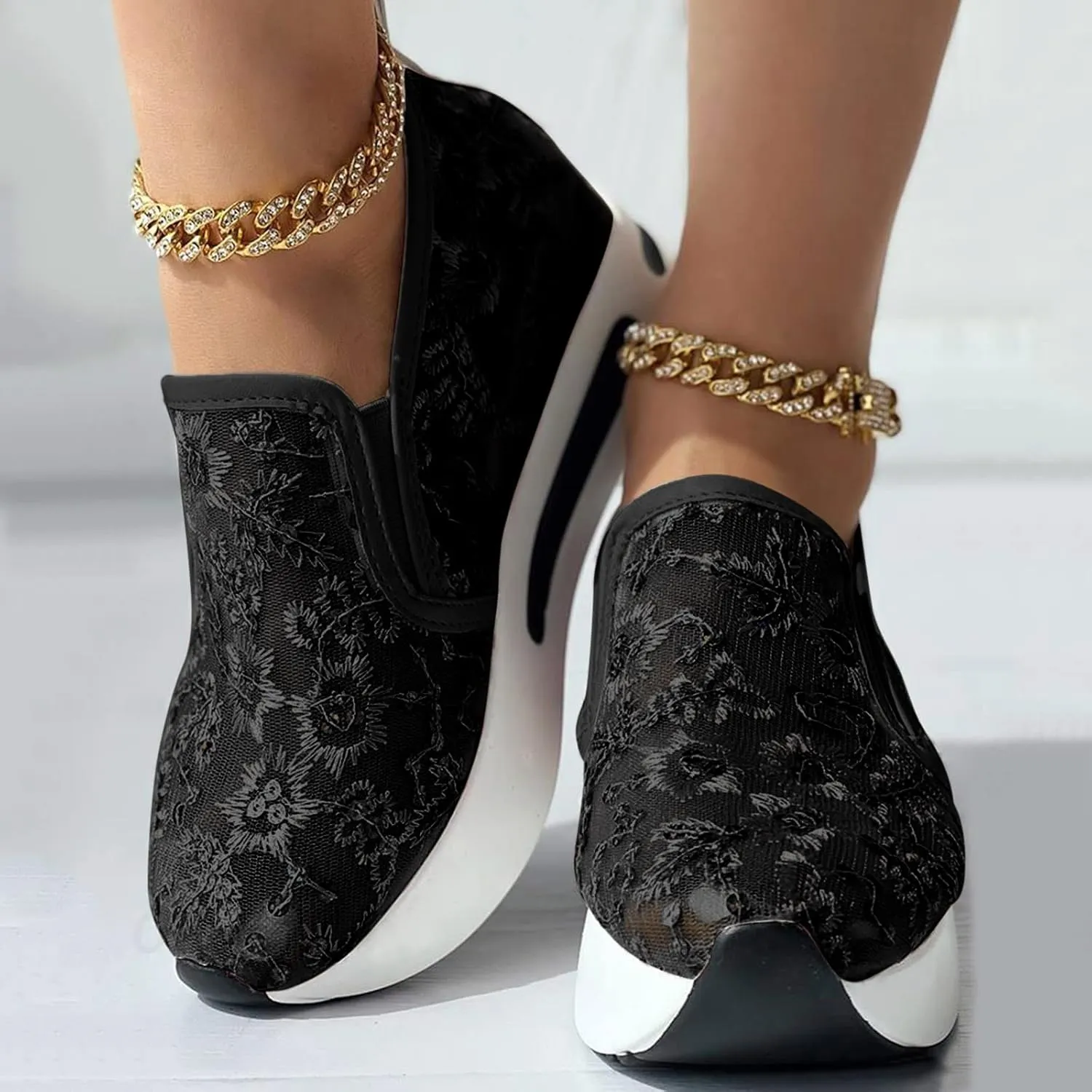 Fashion Platform Sneakers for Women Slip on Loafers Lace Embroidery Ladies Lightweight Arch Support Walking Sneakers Air Cushion Chunky Comfortable Work Shoes for Casual and Daily Wear