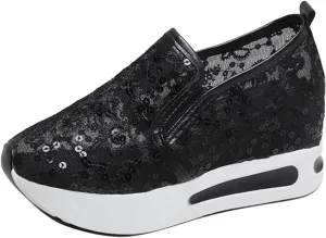 Fashion Platform Sneakers for Women Slip on Loafers Lace Embroidery Ladies Lightweight Arch Support Walking Sneakers Air Cushion Chunky Comfortable Work Shoes for Casual and Daily Wear