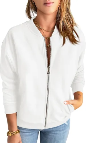 Fisoew Womens Casual Jackets Zip Up Long Sleeve Quilted Lightweight Jackets Athletic Sweatshirts White