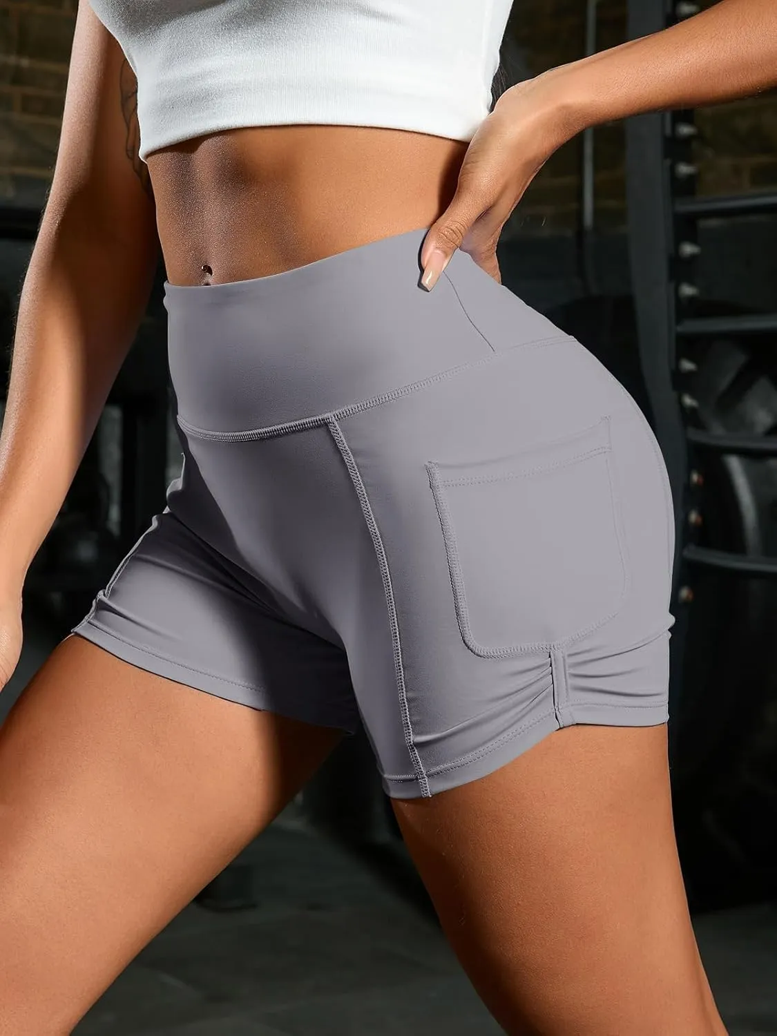 Fisoew Womens High Waisted Yoga Shorts Tummy Control Butt Lifting Athletic Gym Shorts with Pockets