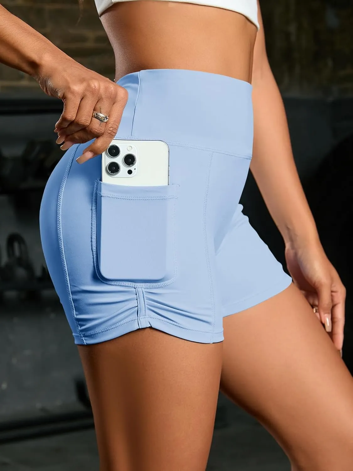 Fisoew Womens High Waisted Yoga Shorts Tummy Control Butt Lifting Athletic Gym Shorts with Pockets