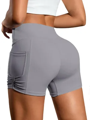 Fisoew Womens High Waisted Yoga Shorts Tummy Control Butt Lifting Athletic Gym Shorts with Pockets