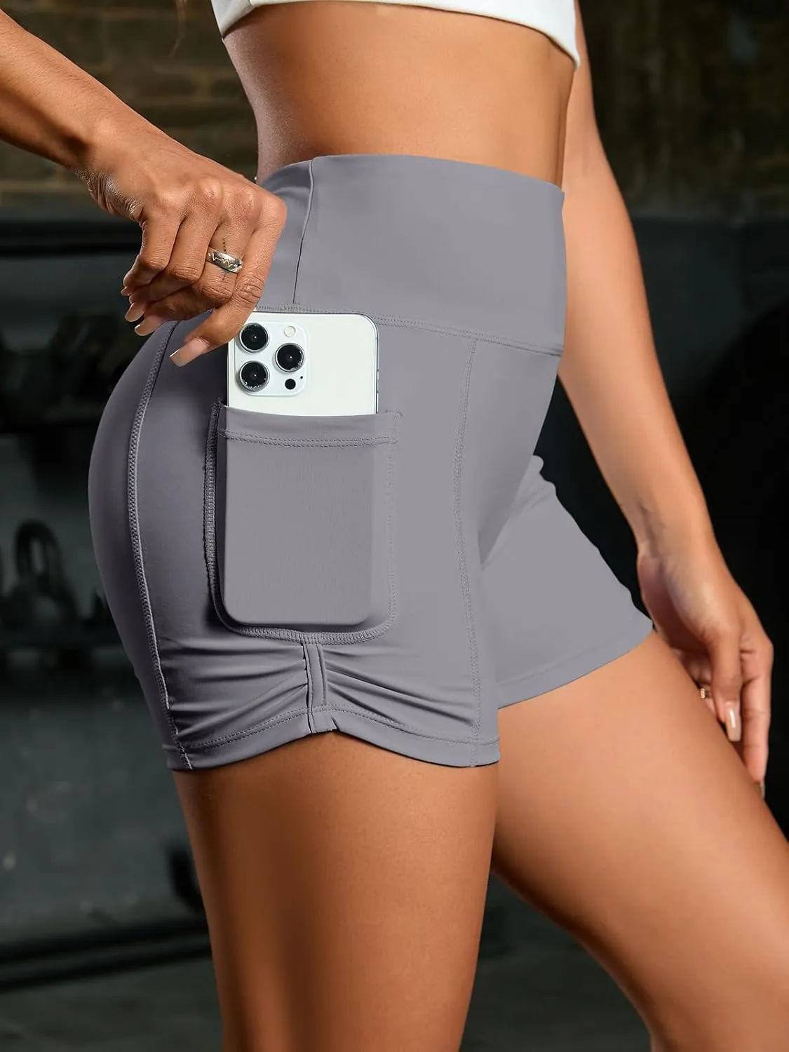 Fisoew Womens High Waisted Yoga Shorts Tummy Control Butt Lifting Athletic Gym Shorts with Pockets