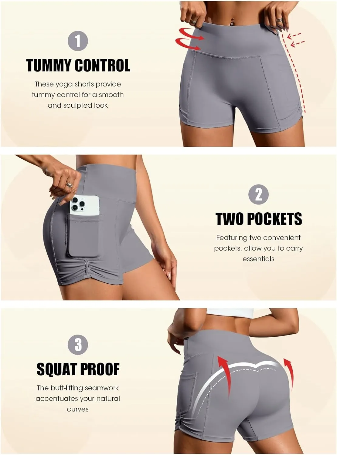 Fisoew Womens High Waisted Yoga Shorts Tummy Control Butt Lifting Athletic Gym Shorts with Pockets
