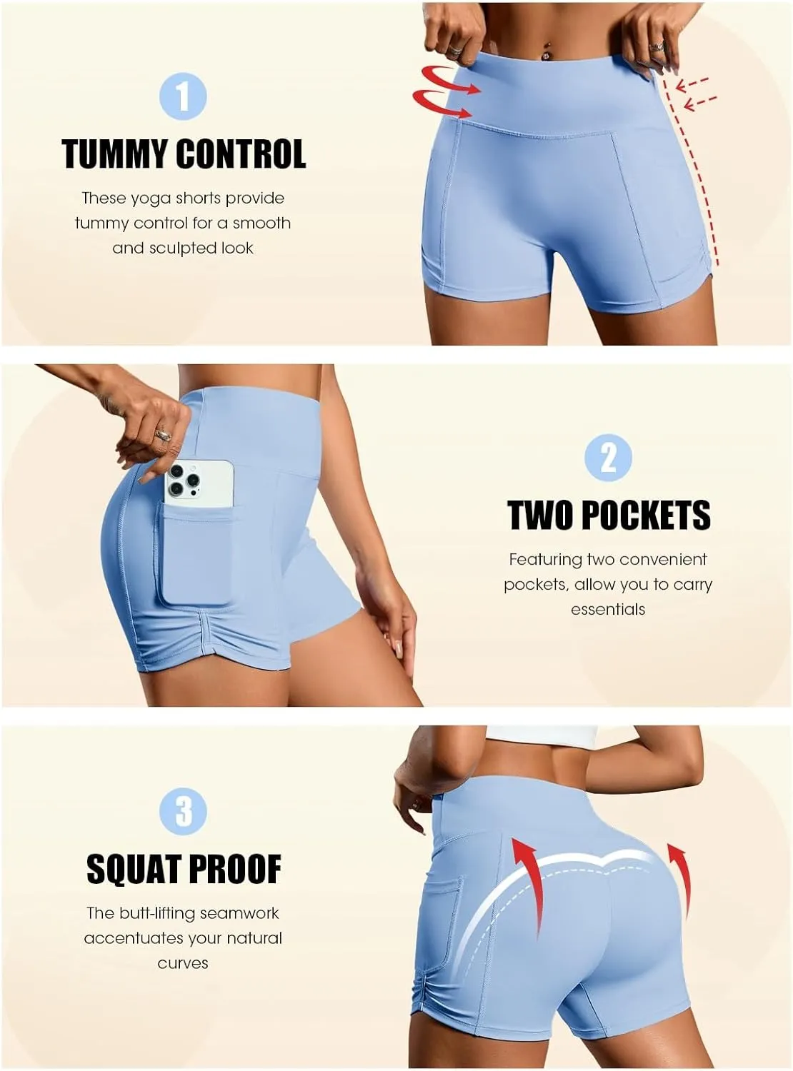 Fisoew Womens High Waisted Yoga Shorts Tummy Control Butt Lifting Athletic Gym Shorts with Pockets