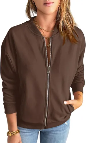 Fisoew Womens Zip Up Long Sleeve Sweatshirt Jacket Casual Loose Coats With Pockets Dark Brown