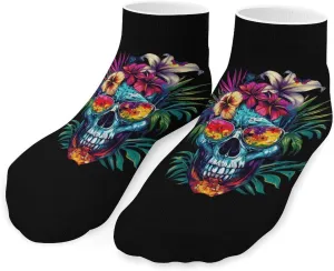 Floral Skull with Glasses Printed Ankle Socks No Show Sock Low-Cut Athletic Socks for Men Women 1 Pair