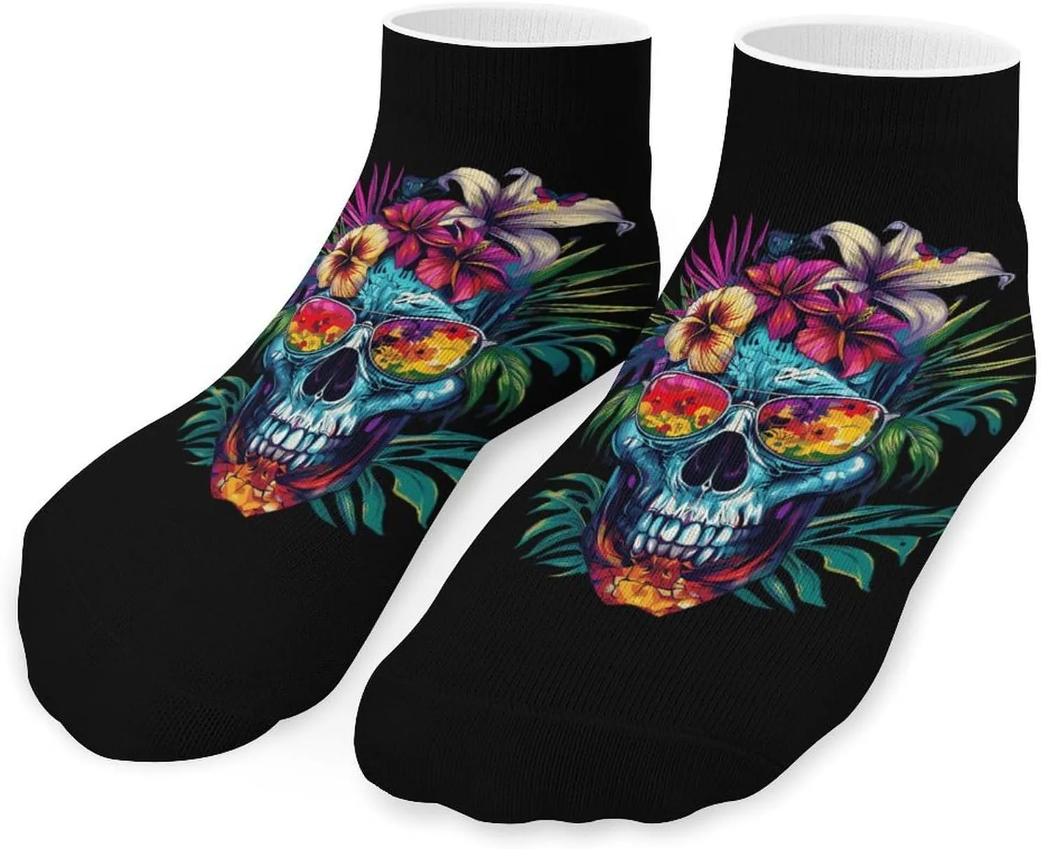 Floral Skull with Glasses Printed Ankle Socks No Show Sock Low-Cut Athletic Socks for Men Women 1 Pair