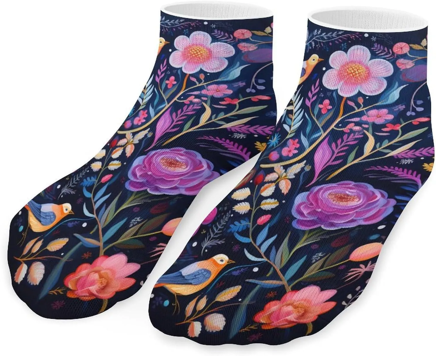 Flowers Birds Printed Ankle Socks No Show Sock Low-Cut Athletic Socks for Men Women 1 Pair