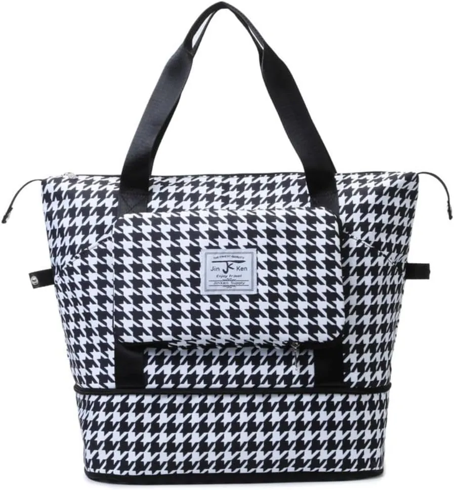 Foldable Travel Tote Bag Duffle Bag with Wet Pocket Gym Bag for Men Women Weekender Overnight Duffel Bag (Black)