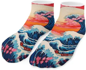 Giant Waves Red Sun Cherry Flowers Printed Ankle Socks No Show Sock Low-Cut Athletic Socks for Men Women 1 Pair