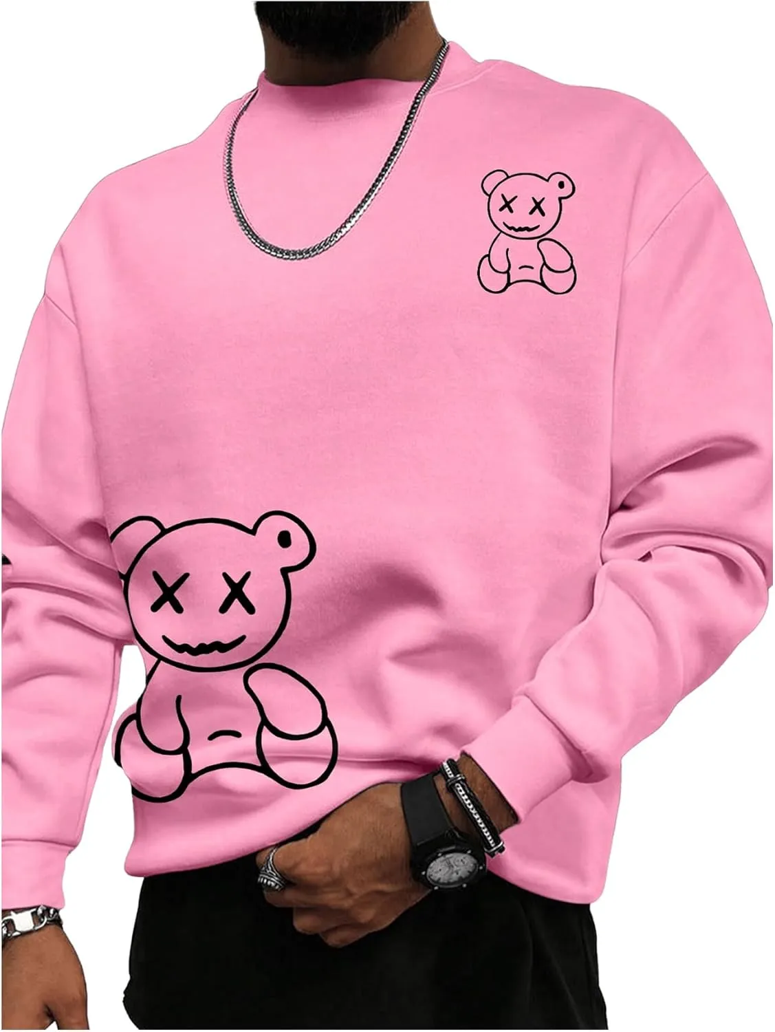 GORGLITTER Men's Bear Graphic Sweatshirt Long Sleeve Crew Neck Drop Shoulder Pullover Tops