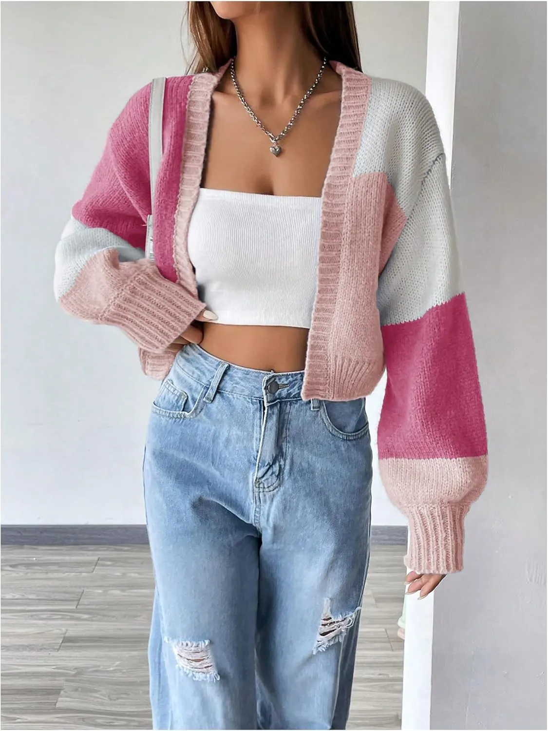 GORGLITTER Women's Colorful Open Front Cardigan Sweater Color Block Long Sleeve Drop Shoulder Cropped Knit Cardigan