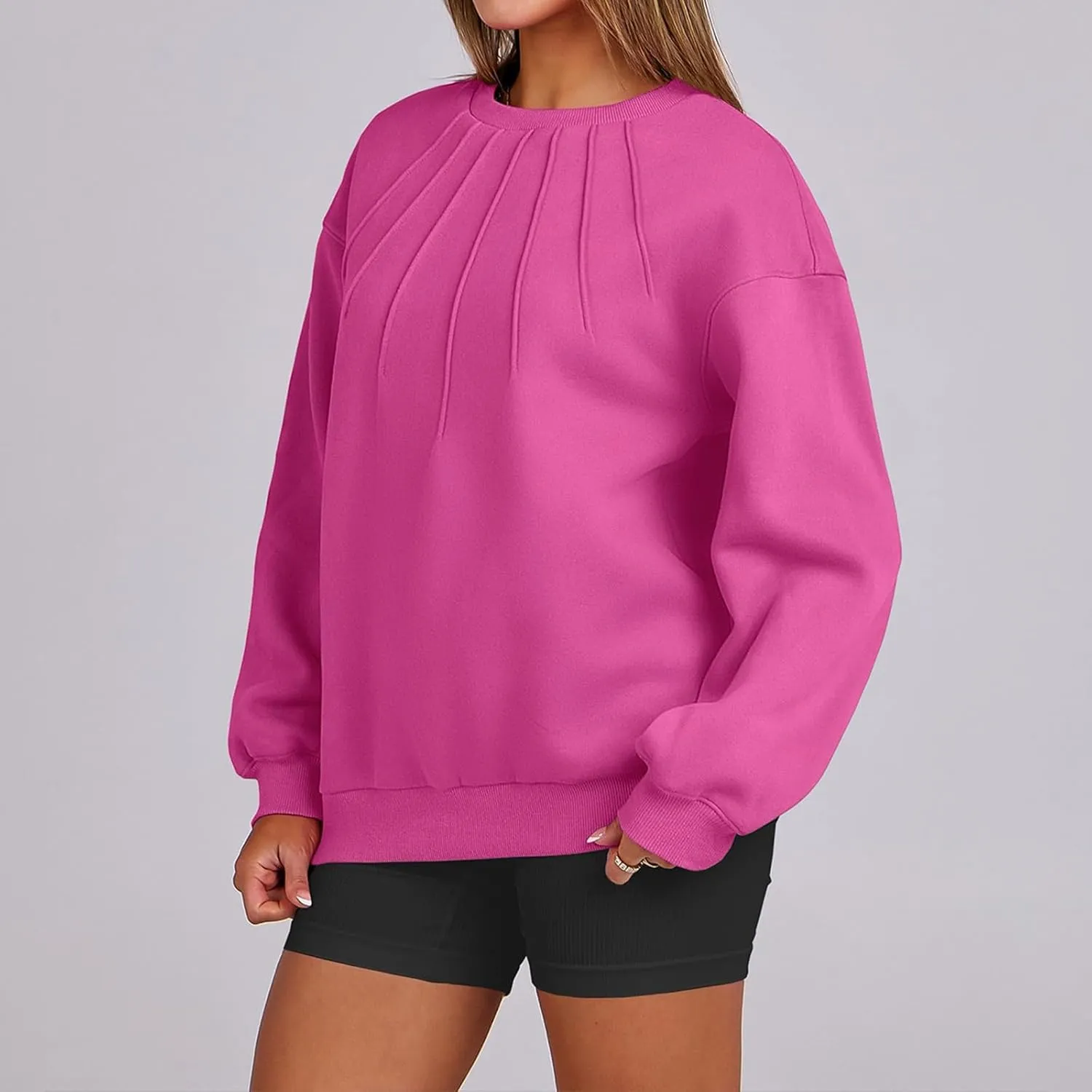 Gumipy Oversized Sweatshirt for Women Knit Long Sleeve Fleece Crewneck Sweatshirts Trendy Drop Shoulder Pullover Cozy Sweater