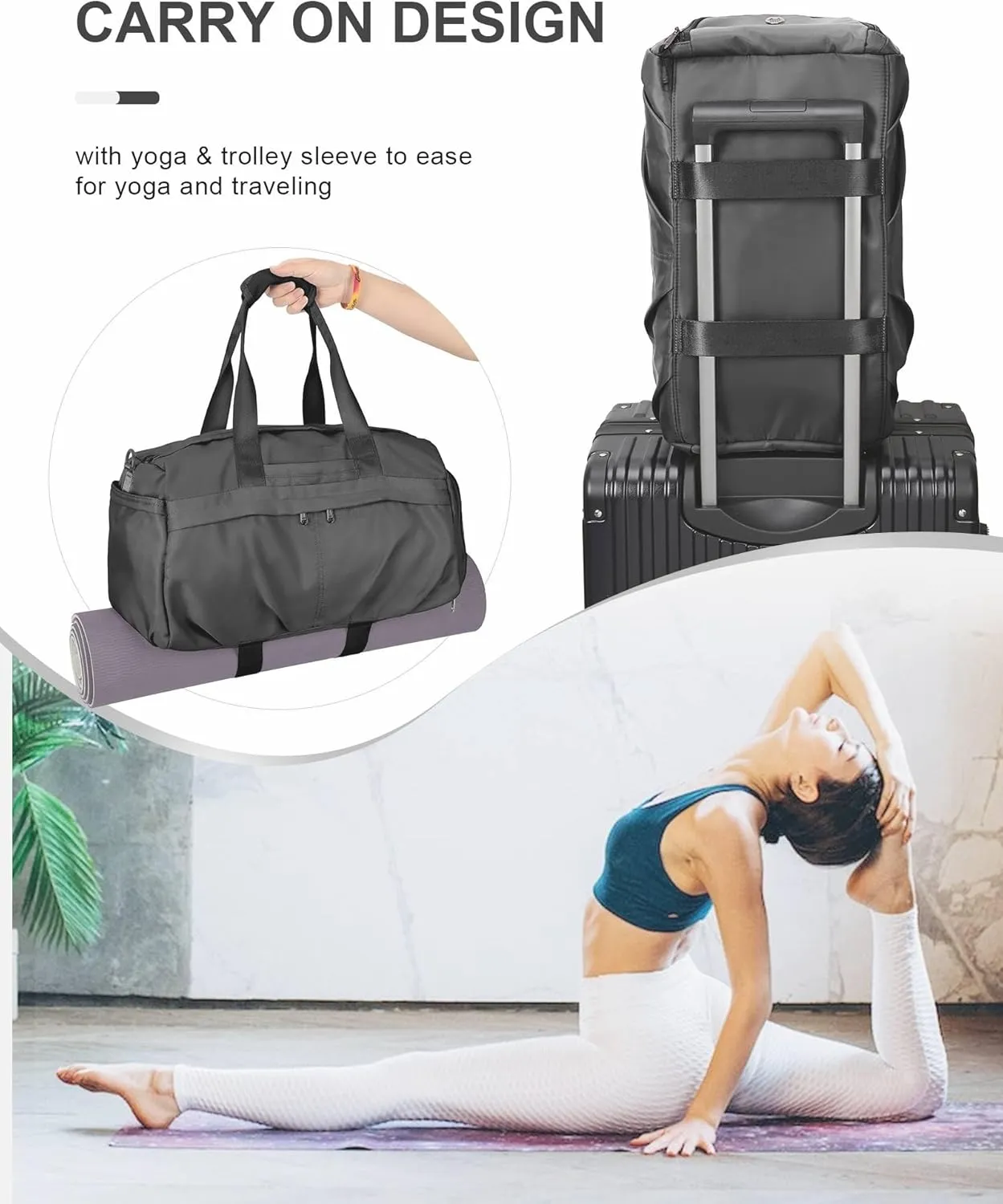 Gym Bag for Women Men with Shoe Compartment, Sport Duffel Bag, Waterproof Travel Weekender Overnight Carry on Bag for Yoga with Trolley Sleeve, A21- Grey, Men Gym Bag