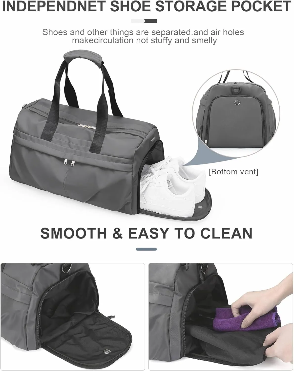 Gym Bag for Women Men with Shoe Compartment, Sport Duffel Bag, Waterproof Travel Weekender Overnight Carry on Bag for Yoga with Trolley Sleeve, A21- Grey, Men Gym Bag