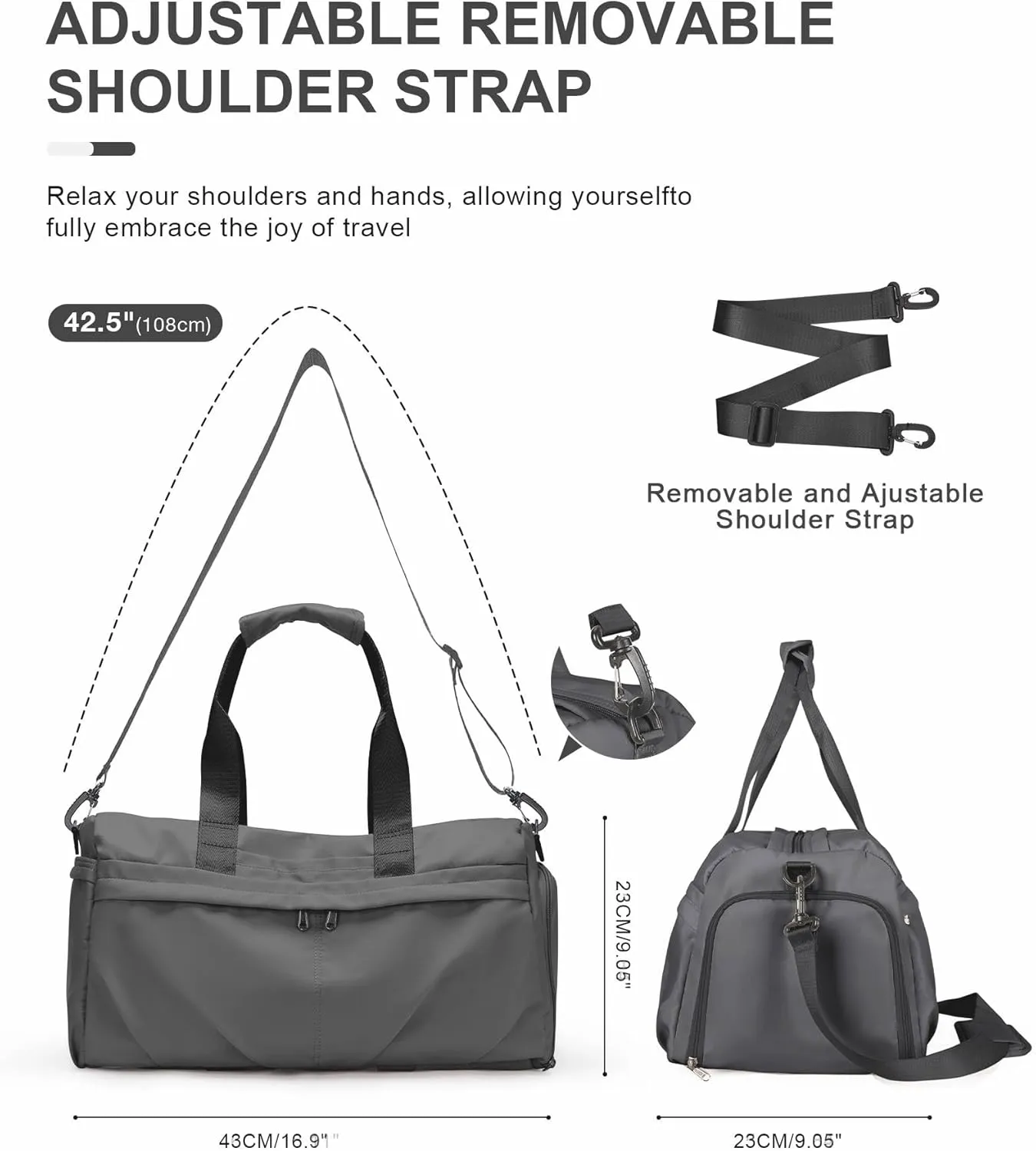 Gym Bag for Women Men with Shoe Compartment, Sport Duffel Bag, Waterproof Travel Weekender Overnight Carry on Bag for Yoga with Trolley Sleeve, A21- Grey, Men Gym Bag