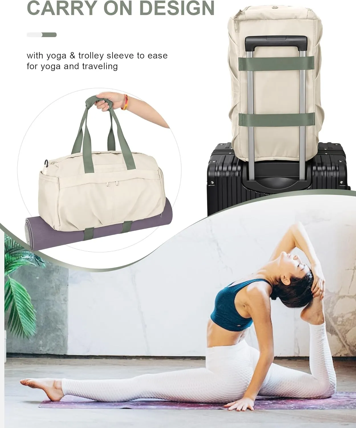Gym Bag for Women Men with Shoe Compartment, Sport Duffel Bag, Waterproof Travel Weekender Overnight Carry on Bag for Yoga with Trolley Sleeve, A22- Beige Green, Yoga Gym Bag